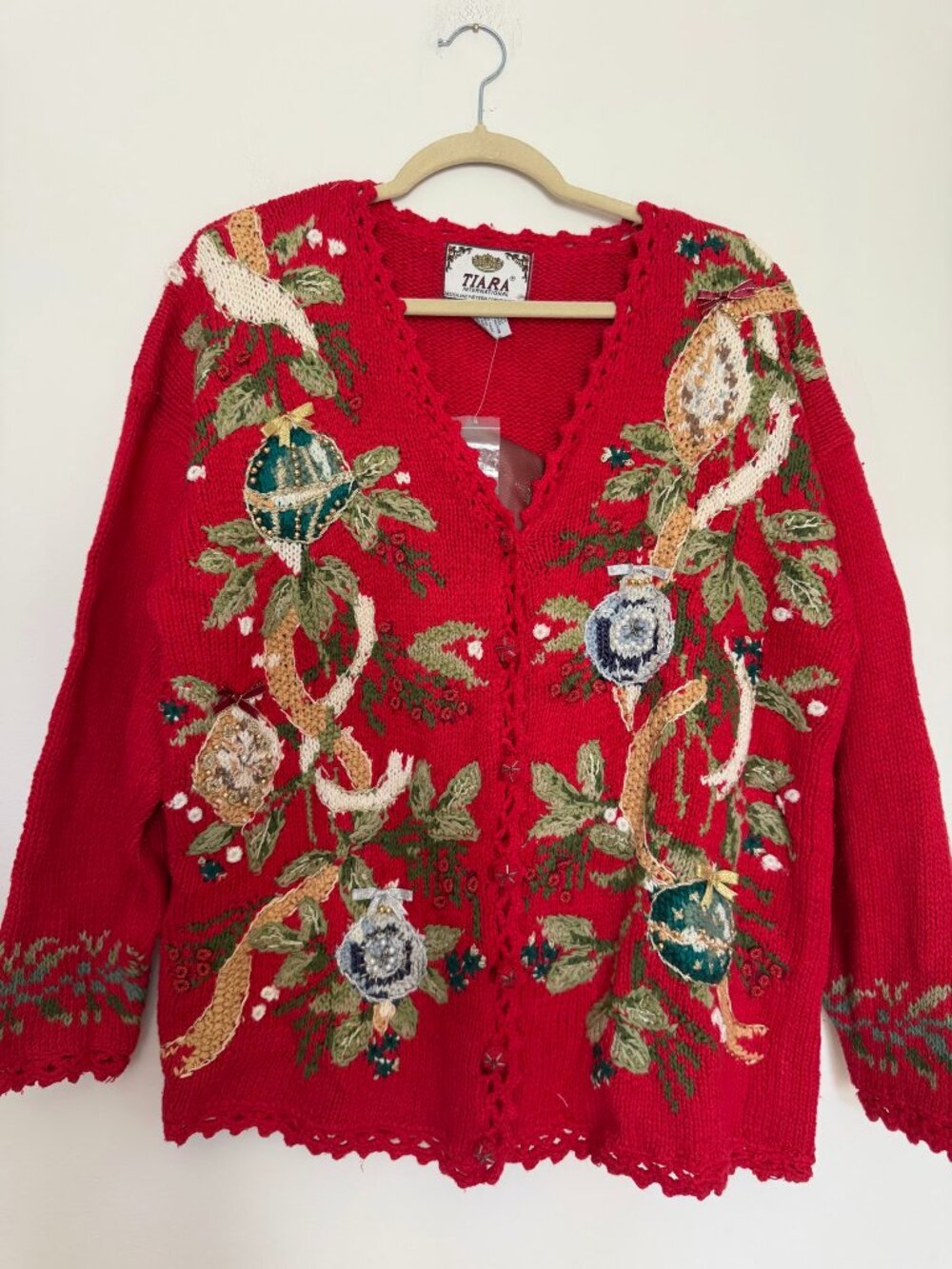 Tiara Intl Christmas Ornament Cardigan Vintage Embroidered Sweater Red - NWT - M